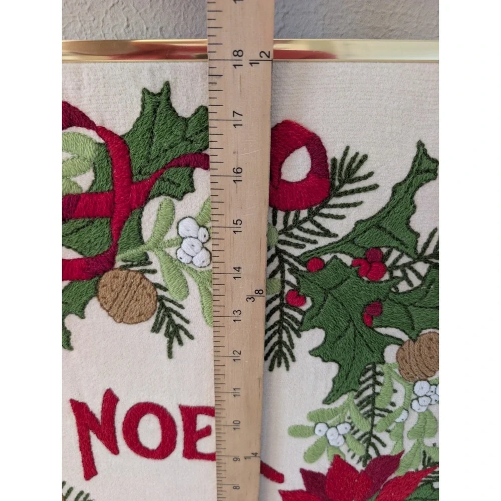 Vintage Christmas Wreath Noel Ribbon Crewel Gold Framed Artwork Holiday Decor